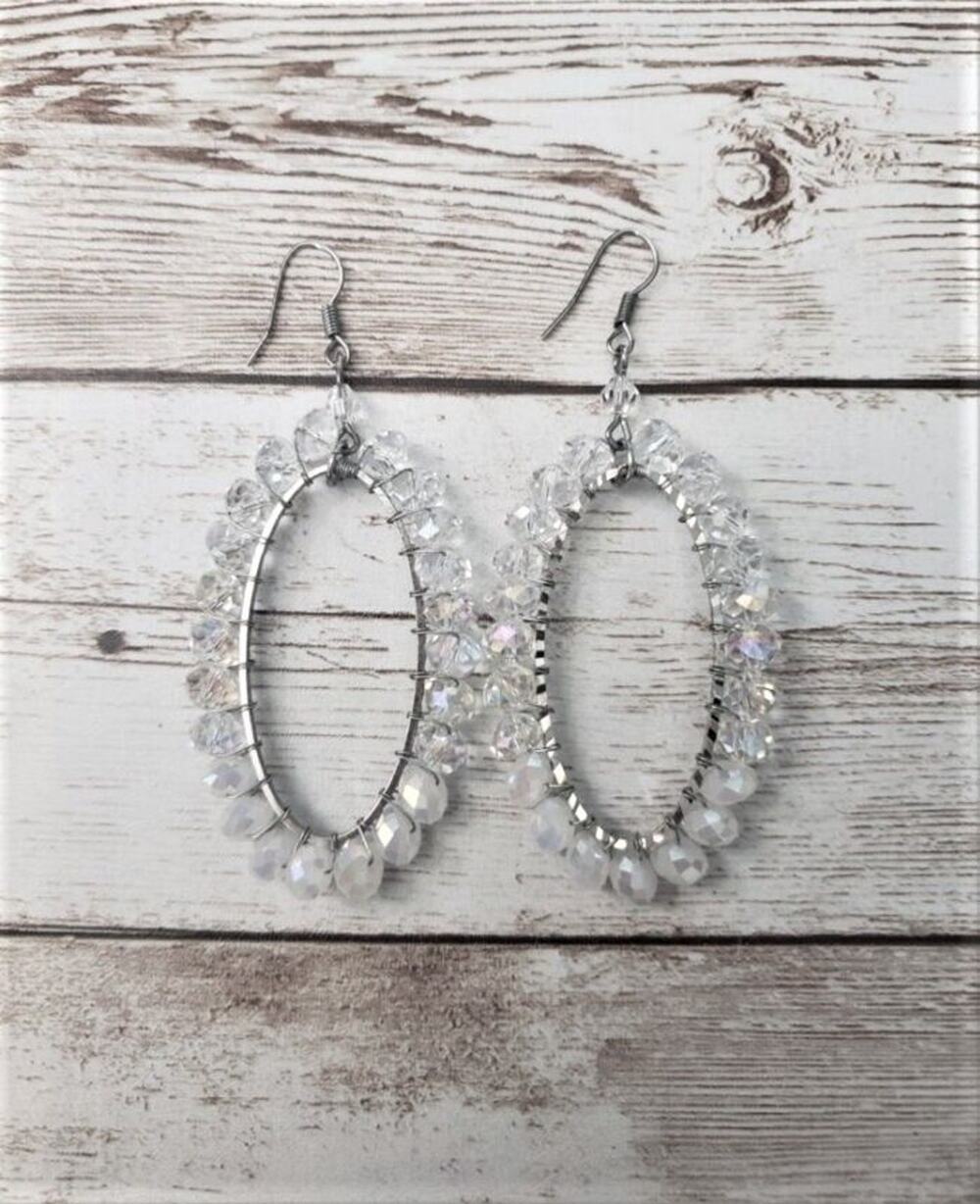 Vintage Earrings For Pierced Ears - Clear Slightly Iridescent Bead Oval 2"
